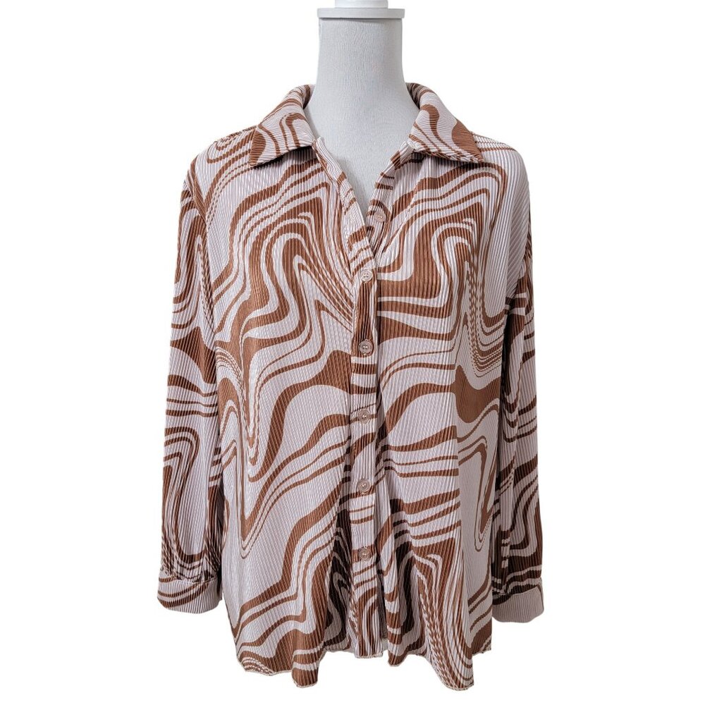 Forever 21 Size S Cream and Tan Swirl Pattern Textured "Accordion Pleat" Blouse